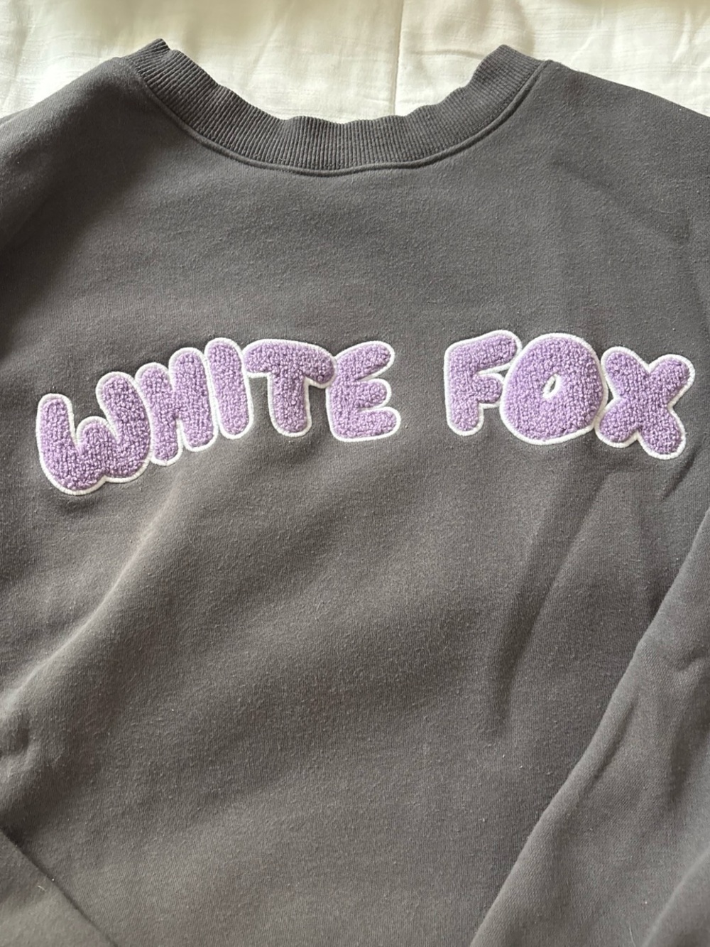 White Fox Gray Crewneck Sweatshirt with Black Logo Tag